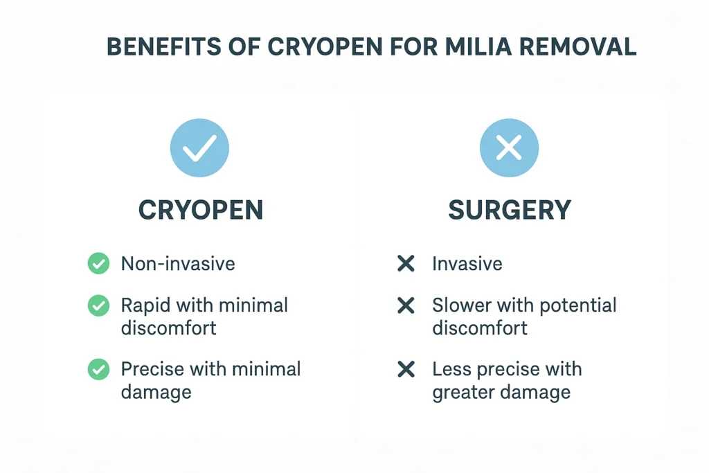 Benefits of cryopen for milia removal Whitley Bay compared to surgical treatments.