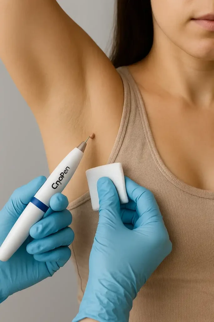woman having cryopen to remove underarm skin tags Whitley Bay