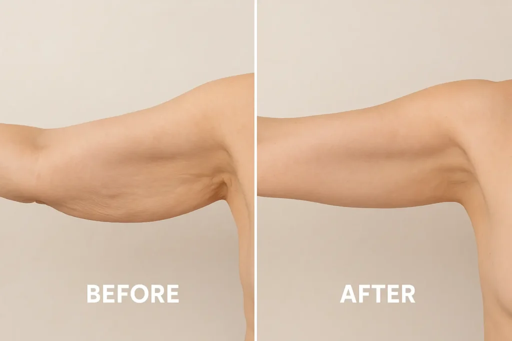 Picture of LA LIPO Whitley Bay before and after results of skin tightening treatment on the upper arms.