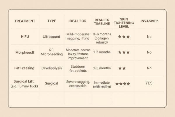 Table showing the comparisons of Skin tightening Whitley Bay treatment options.